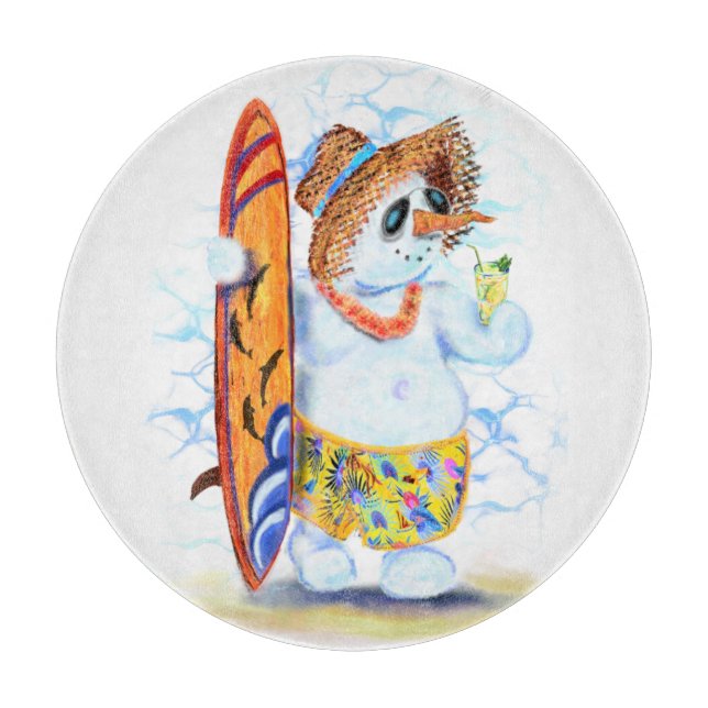 Funny Cutting Board with Snowman Surfer (Front)