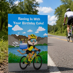 Funny Cycling Cat Birthday Bicycle Cake Delivery Card