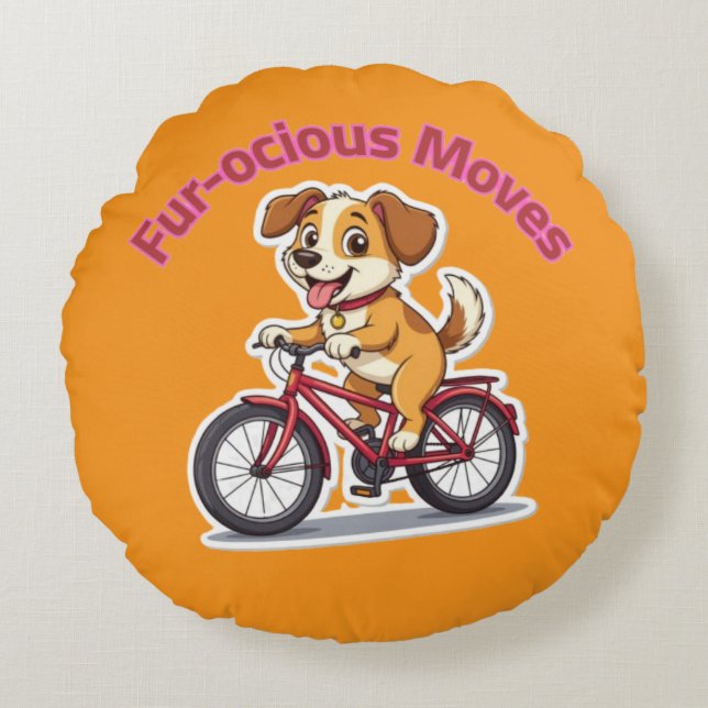 **Funny Cycling Dog – Cute Dog Riding a Bicycle Il Round Pillow (Front)