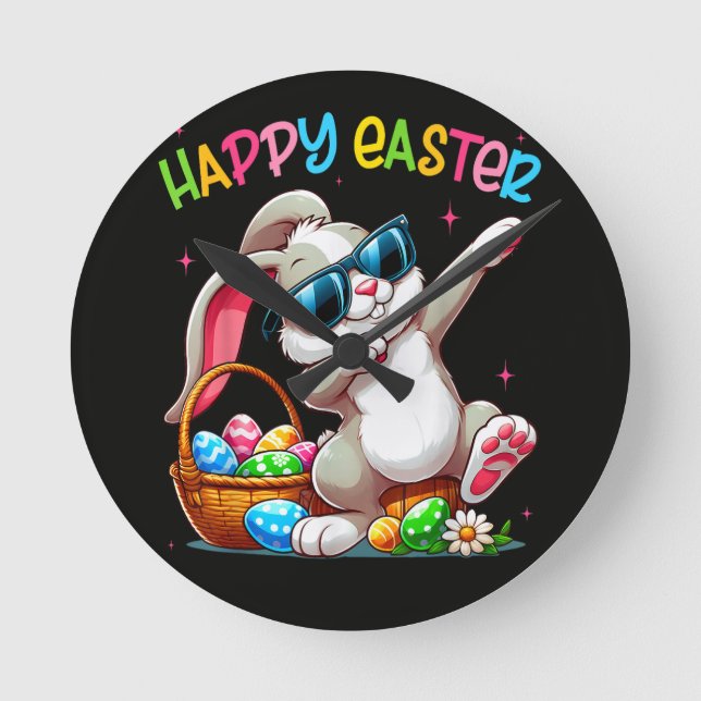 Funny Dabbing Bunny Easter Happy Easter Round Clock (Front)