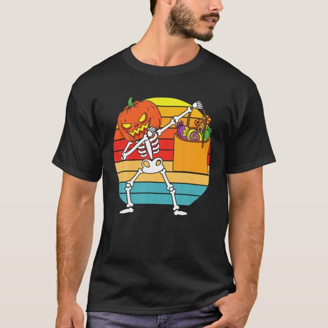 Funny Dabbing Halloween Boys Skeleton Pumpkin T-Shirt (Front)