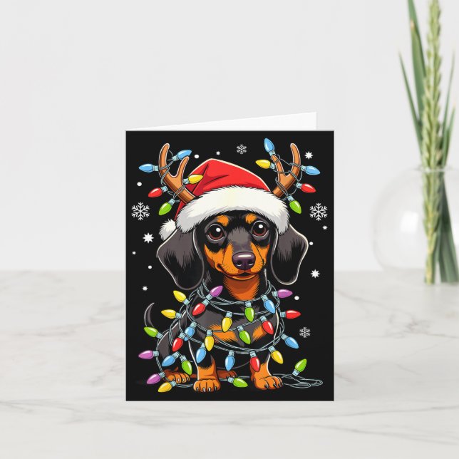 Funny Dachshund Christmas Lights Santa Hat Xmas  Card (Front)