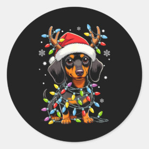 Funny Dachshund Christmas Lights Santa Hat Xmas  Classic Round Sticker