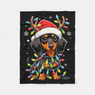 Funny Dachshund Christmas Lights Santa Hat Xmas Fleece Blanket