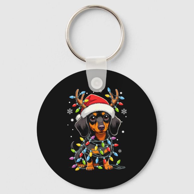 Funny Dachshund Christmas Lights Santa Hat Xmas  Keychain (Front)