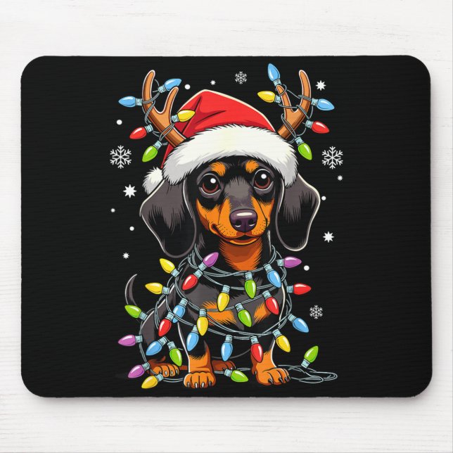Funny Dachshund Christmas Lights Santa Hat Xmas  Mouse Pad (Front)