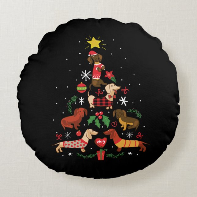 Funny Dachshund Christmas Tree Round Pillow (Front)