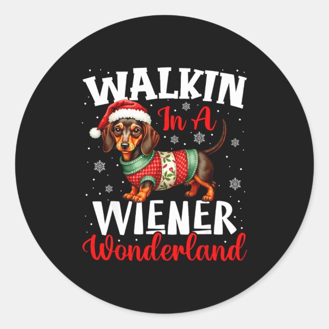 Funny Dachshund Cute Christmas Dog Lover Walking I Classic Round Sticker (Front)