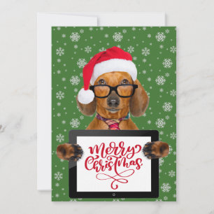 Funny Dachshund Dog Pet Glasses Tablet Merry Xmas  Holiday Card