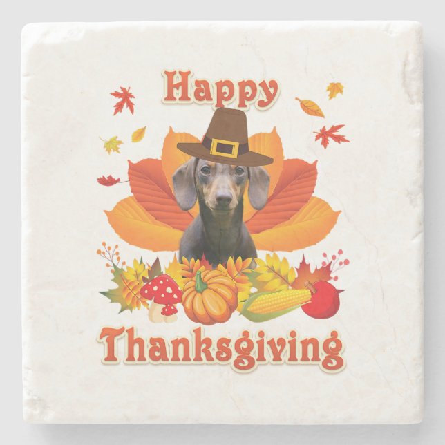 Funny Dachshund Dog Thanksgiving Fall Autumn Stone Coaster (Front)