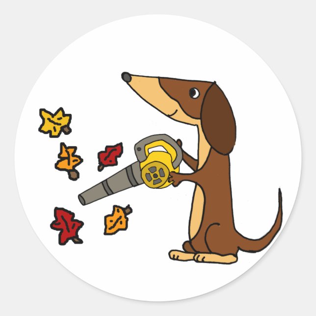 Funny Dachshund Dog using Leaf Blower Classic Round Sticker (Front)
