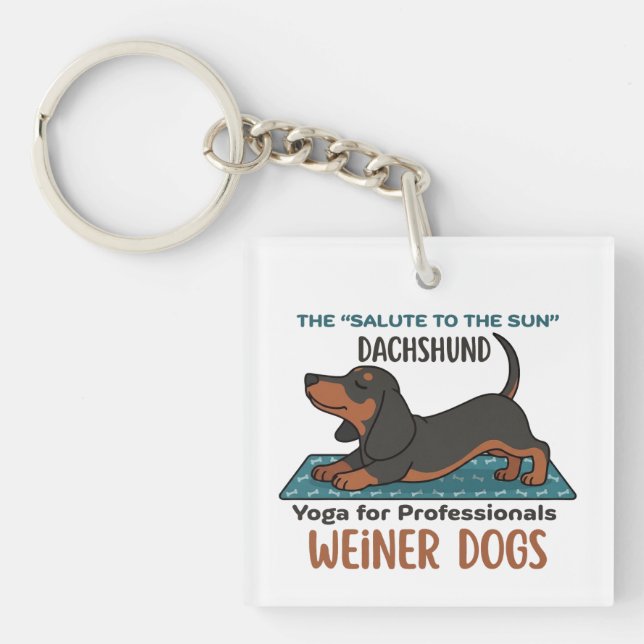 Funny dachshund doing the sun salutation (yoga) keychain (Front)