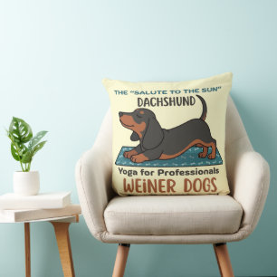 Funny dachshund doing the sun salutation (yoga) throw pillow
