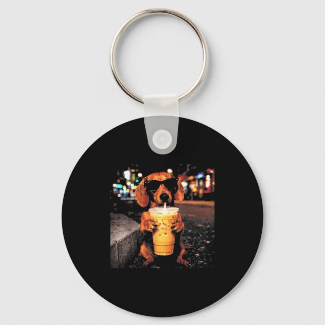 Funny dachshund drinking iced coffee animal meme keychain (Front)