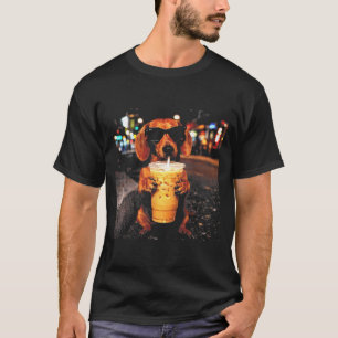 Funny dachshund drinking iced coffee animal meme T-Shirt