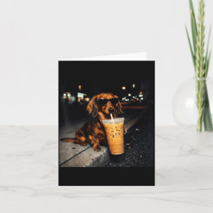Funny Dachshund Drinking Iced Coffee Cute Dog Meme Card