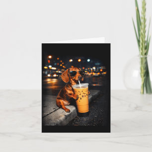 Funny dachshund drinking iced coffee cute dog meme card