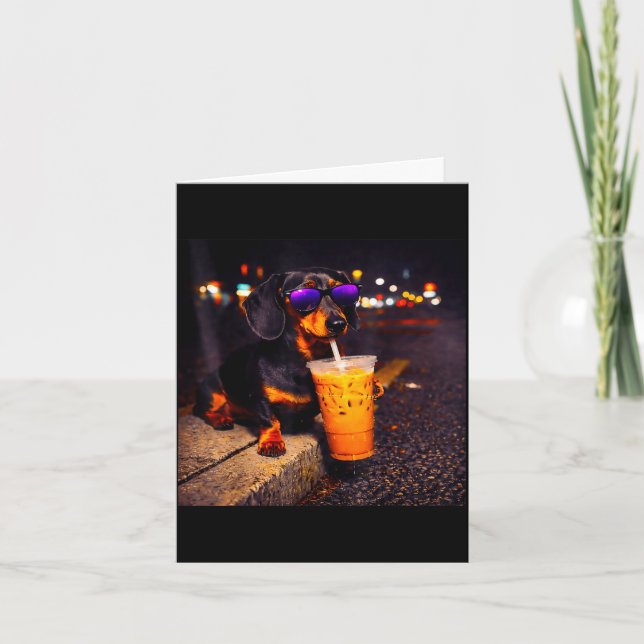 Funny dachshund drinking iced coffee cute dog meme card (Front)