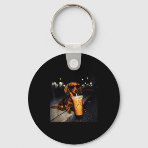 Funny dachshund drinking iced coffee cute dog meme keychain