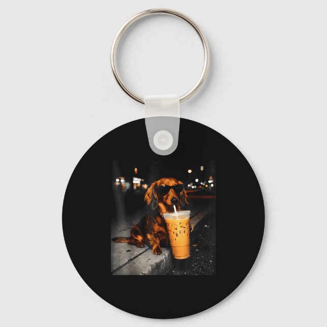 Funny dachshund drinking iced coffee cute dog meme keychain (Front)