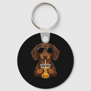 Funny dachshund drinking iced coffee cute dog meme keychain