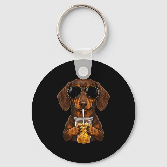 Funny dachshund drinking iced coffee cute dog meme keychain (Front)
