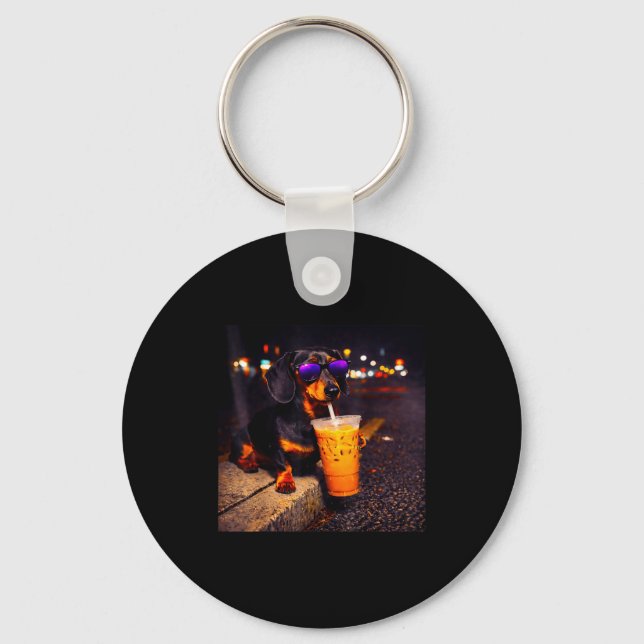 Funny dachshund drinking iced coffee cute dog meme keychain (Front)
