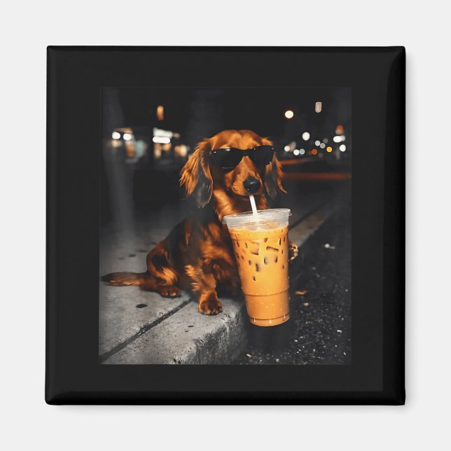 Funny dachshund drinking iced coffee cute dog meme magnet (Front)