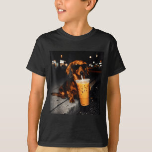 Funny dachshund drinking iced coffee cute dog meme T-Shirt