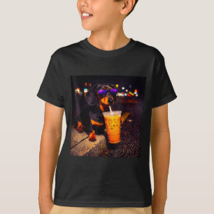 Funny dachshund drinking iced coffee cute dog meme T-Shirt
