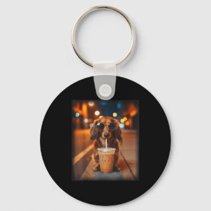 Funny dachshund drinking iced coffee lover dog keychain