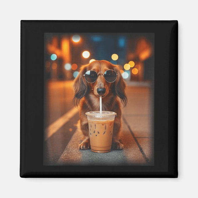 Funny dachshund drinking iced coffee lover dog magnet (Front)