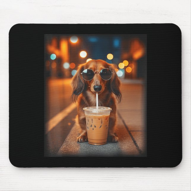 Funny dachshund drinking iced coffee lover dog mouse pad (Front)