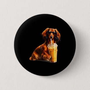 Funny dachshund drinking iced coffee lover humor 2 inch round button