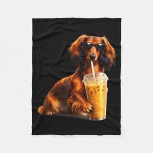 Funny dachshund drinking iced coffee lover humor fleece blanket