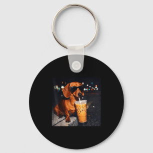 Funny dachshund drinking iced coffee lover humor keychain