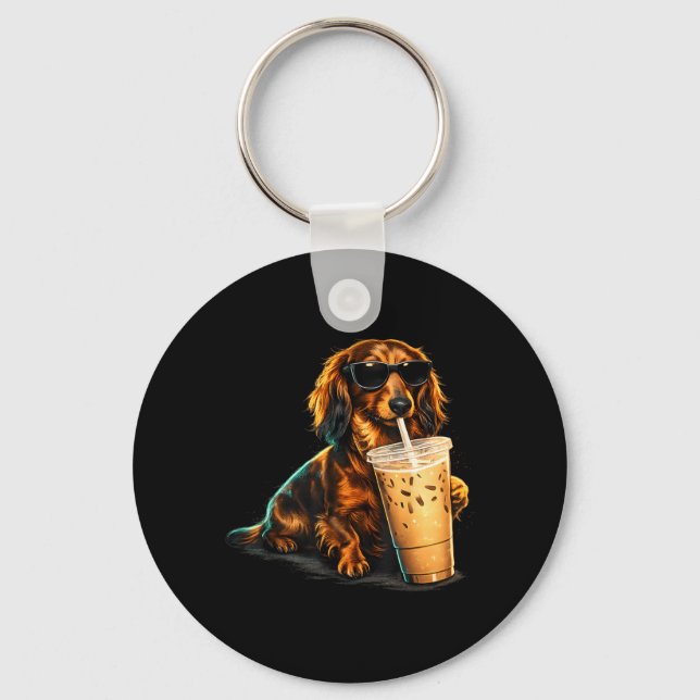 Funny Dachshund Drinking Iced Coffee Lover Humour Keychain (Front)
