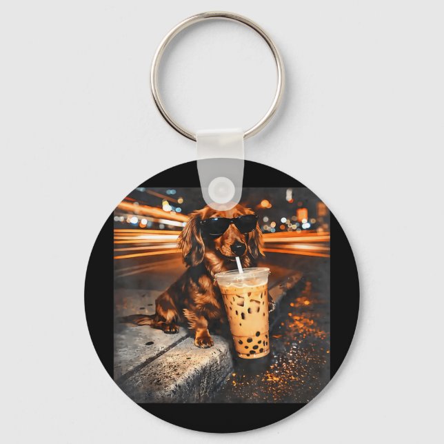 Funny dachshund drinking iced coffee lover humour  keychain (Front)