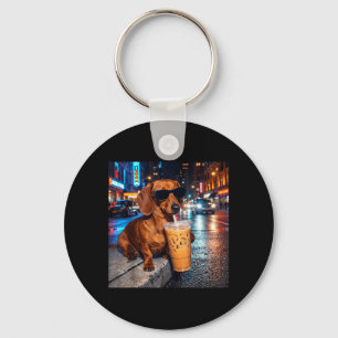 Funny Dachshund Drinking Iced Coffee Lover Humour Keychain