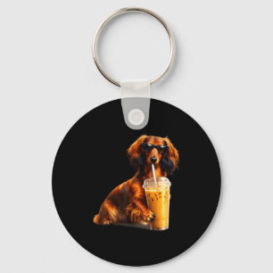 Funny dachshund drinking iced coffee lover humour keychain