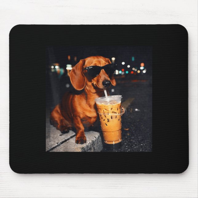 Funny dachshund drinking iced coffee lover humour  mouse pad (Front)