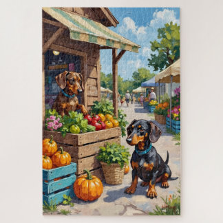 Funny Dachshund Farmers Market Dog Lover Art Jigsaw Puzzle