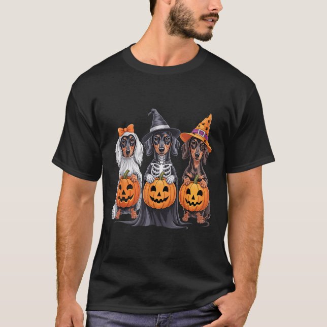 Funny Dachshund Halloween Pumpkin Weenie Dog Skele T-Shirt (Front)