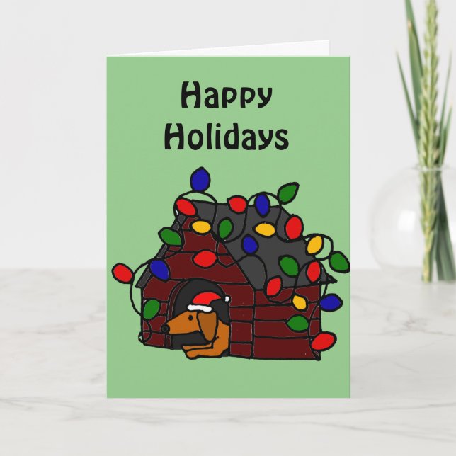 Funny Dachshund in Christmas Doghouse Holiday Card (Front)