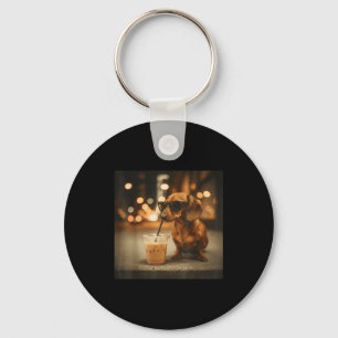 Funny dachshund lover drinking iced coffee humour keychain