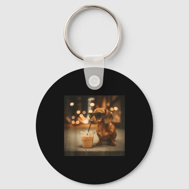 Funny dachshund lover drinking iced coffee humour  keychain (Front)