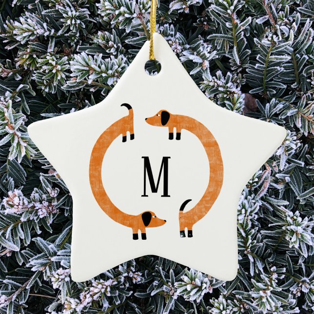 Funny Dachshund Sausage Dog Monogram Ceramic Ornam Ornament (Fun Dachshund Wiener Sausage dog personalized monogram initial ceramic ornament)