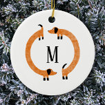 Funny Dachshund Sausage Dog Monogram Ceramic Ornament<br><div class="desc">Cute and funny dachshund,  sausage dogs or wiener dogs in perpetual motion.
Customize by changing or removing the initial.</div>