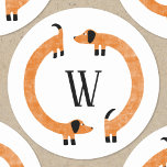 Funny Dachshund Sausage Dog Monogram Classic Round Sticker<br><div class="desc">Cute and funny dachshund, sausage dogs or wiener dogs in perpetual motion.
Customize by changing or removing the initial.</div>