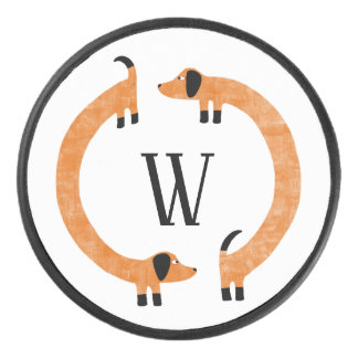 Funny Dachshund Sausage Dog Monogram Hockey Puck